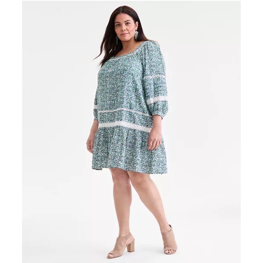 NWT Macy’s Green Floral Cotton Lace Cottage Square Neck Tiered Mini Dress